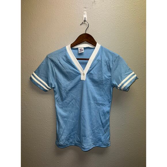 80s Women's Le Riche Blue White Shirt Top Blank VTG Women Medium - Picture 1 of 10